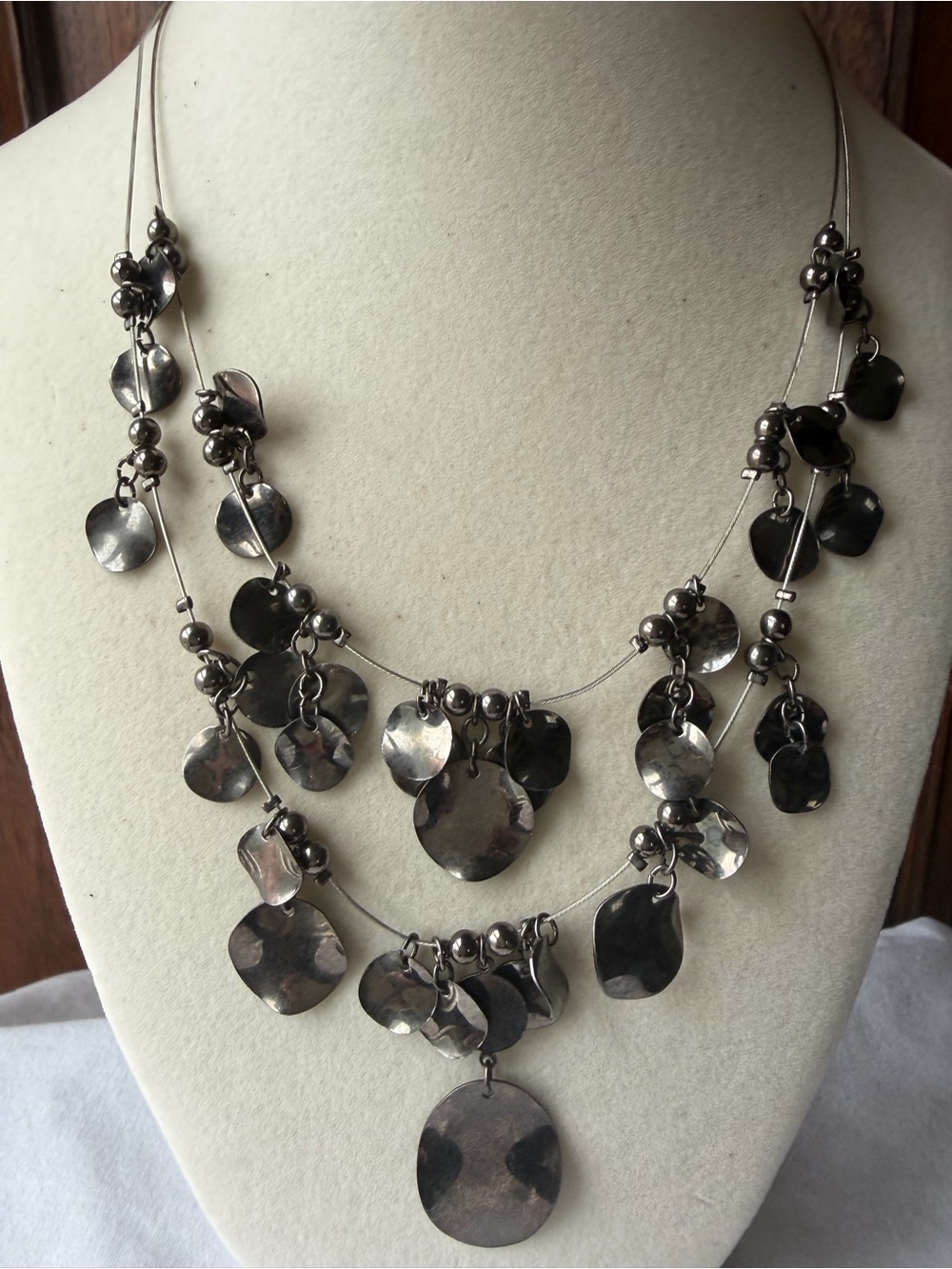 Gunmetal Hammered Disc Statement Necklace Layered Multi Strand